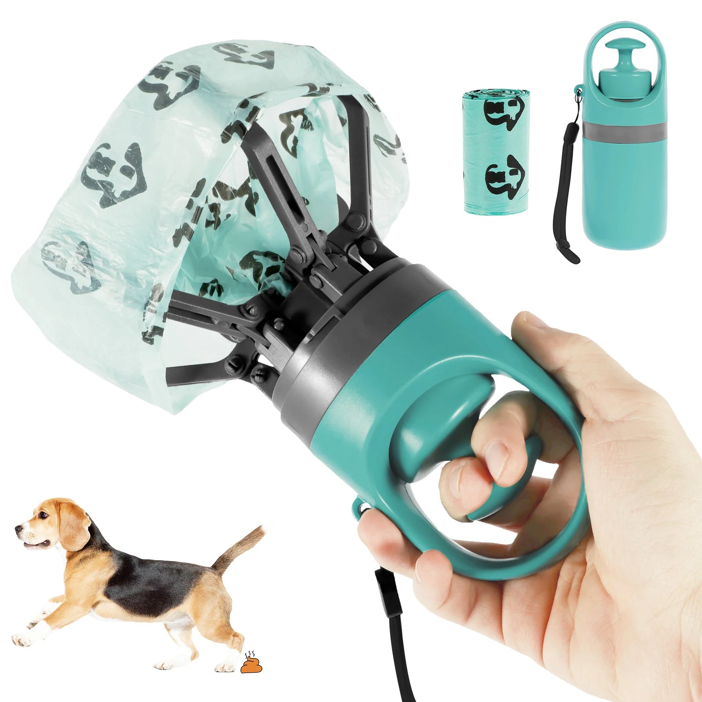 Portable Dog Pooper Scooper with Garbage Bag & Pet Poop Grabber Claw. Easy Pet Clean-Up Kit