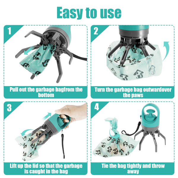 Portable Dog Pooper Scooper with Garbage Bag & Pet Poop Grabber Claw. Easy Pet Clean-Up Kit